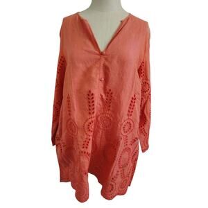 Sutton Studio Linen Eyelet Hem Tunic Coral Womens Size 1X